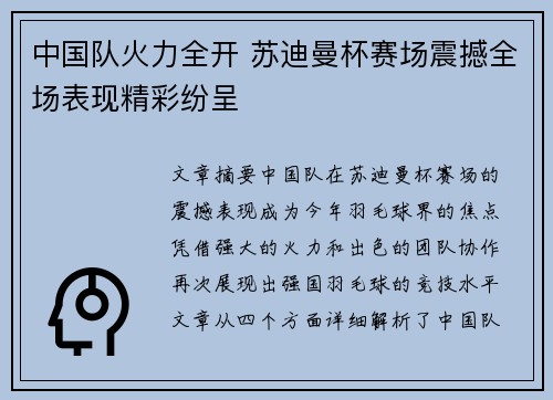中国队火力全开 苏迪曼杯赛场震撼全场表现精彩纷呈