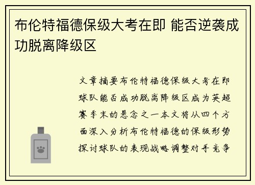 布伦特福德保级大考在即 能否逆袭成功脱离降级区